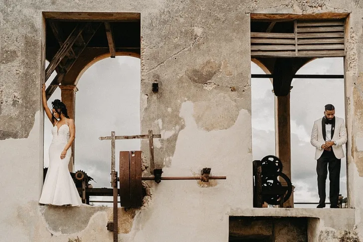 bride and groom posing after wedding reception in Mexico