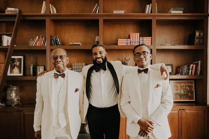 father of the groom, best man and groom before wedding reception